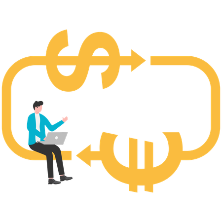 Geschäftsmann, der die Symbole Dollar und Yuan umrechnet  Illustration