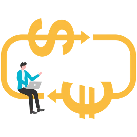 Geschäftsmann, der die Symbole Dollar und Yuan umrechnet  Illustration