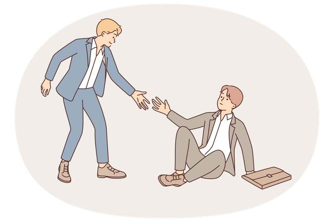 Geschäftsmann reicht gestürztem Partner die Hand, um Kollegen in schwieriger Situation beim Aufstehen zu helfen  Illustration