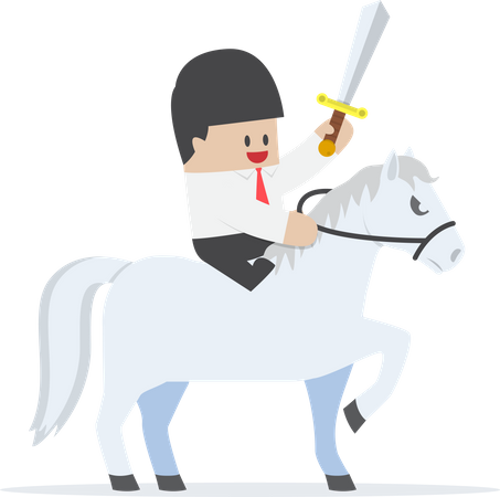 Geschäftsmann reitet weißen Pferd und hält Schwert  Illustration
