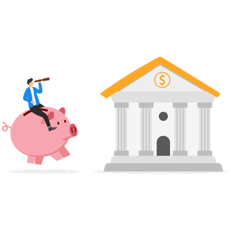 Geschäftsmann reitet auf Sparschwein zum Finanzgebäude  Illustration
