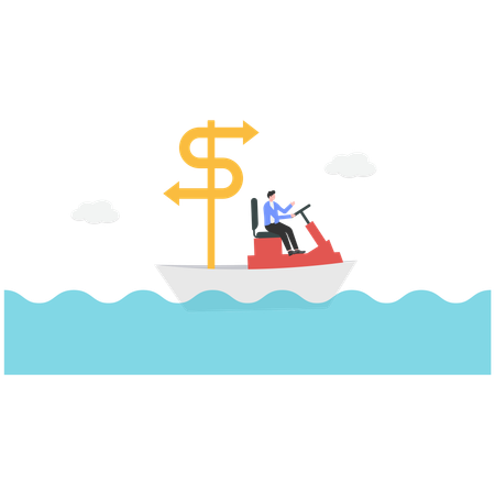 Geschäftsmann reitet Boot im Ozean, während er die finanzielle Richtung findet  Illustration