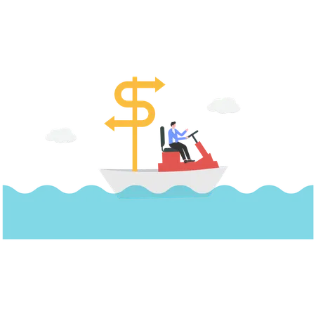 Geschäftsmann reitet Boot im Ozean, während er die finanzielle Richtung findet  Illustration