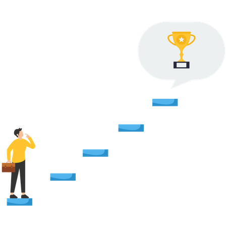 Geschäftsmann rennt Treppe hinauf, um Siegertrophäe zu fangen  Illustration