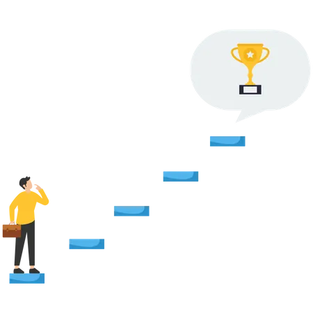 Geschäftsmann rennt Treppe hinauf, um Siegertrophäe zu fangen  Illustration