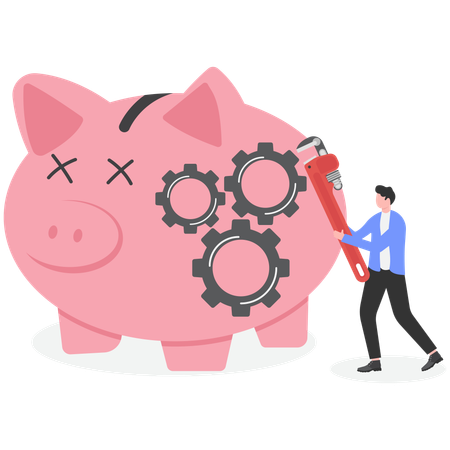 Geschäftsmann repariert kaputtes rosa Sparschwein  Illustration
