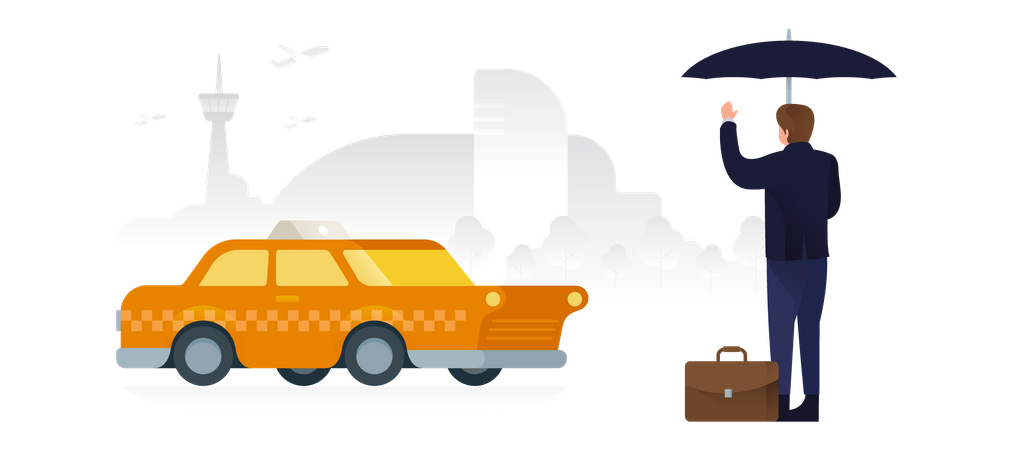 Geschäftsmann, der ein Taxi zum Flughafen heranwinkt  Illustration