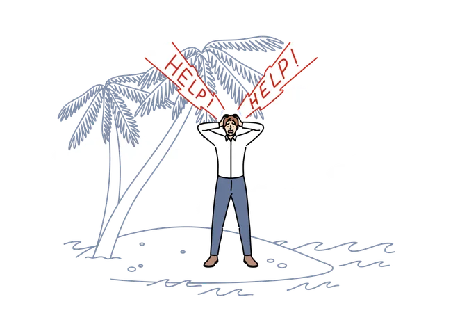 Geschäftsmann ruft Hilfe und steht auf einer einsamen Insel als Metapher für Entlassung oder Bankrott  Illustration