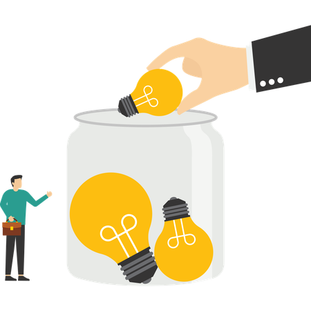 Geschäftsmann sammelt Glühbirnen-Idee in Glasgefäß  Illustration