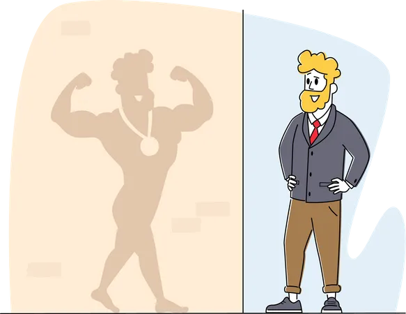 Geschäftsmann, der auf Schatten an der Wand blickt, stellt sich vor, er sei Sportler und Gewinner mit Medaille  Illustration