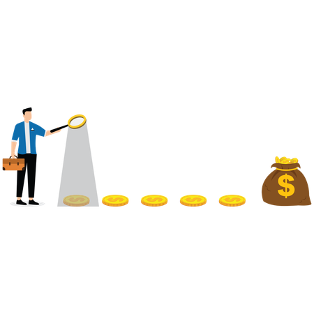 Geschäftsmann schaut durch die Lupe, um Dollarzeichen zu sehen  Illustration