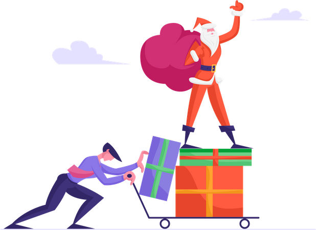 Geschäftsmann schiebt Einkaufswagen mit Weihnachtsmann, der auf einem Haufen Geschenkboxen steht  Illustration