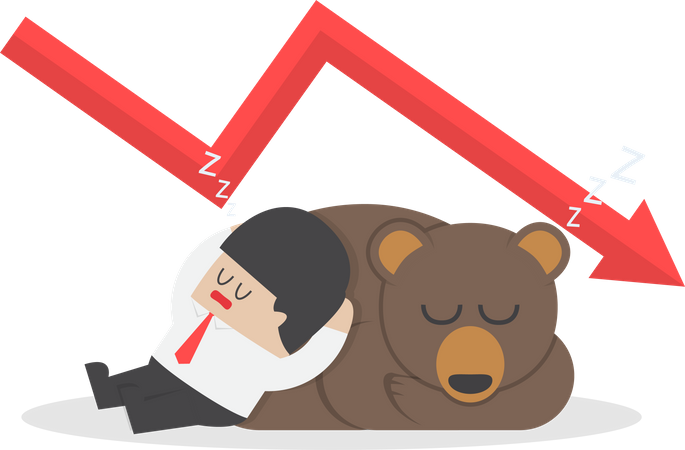 Geschäftsmann schläft mit Bär mit Abwärtstrenddiagramm  Illustration