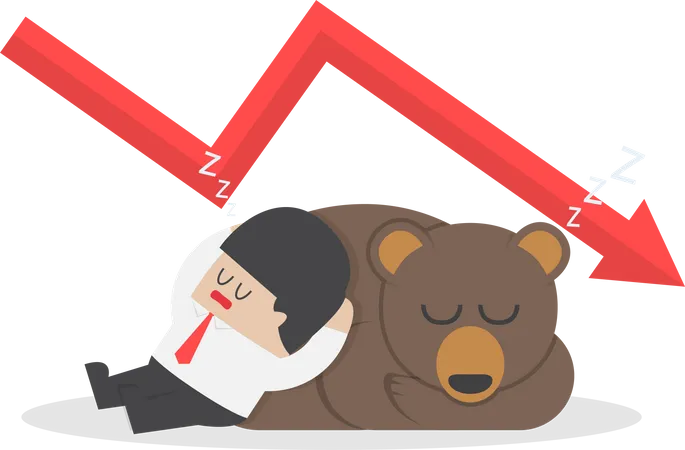 Geschäftsmann schläft mit Bär mit Abwärtstrenddiagramm  Illustration