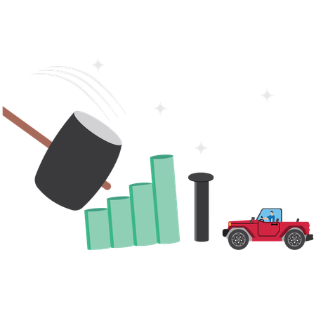 Geschäftsmann schlägt Nägel in Beton ein, um Auto vor einem Balken zu schützen, der es treffen könnte  Illustration