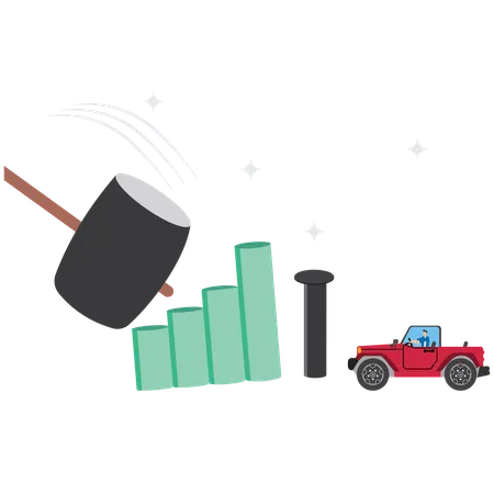 Geschäftsmann schlägt Nägel in Beton ein, um Auto vor einem Balken zu schützen, der es treffen könnte  Illustration