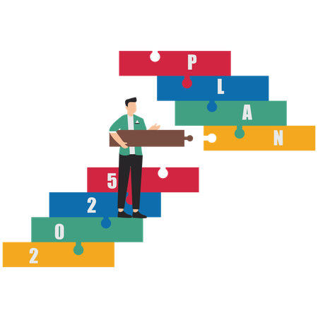 Geschäftsmann schließt Brückenpuzzle zum Zielplan 2025  Illustration