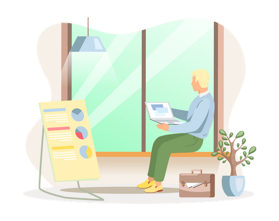 Geschäftsmann sitzt am Fenster und arbeitet am Laptop  Illustration