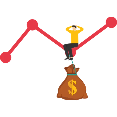 Geschäftsmann sitzt auf Wachstumsdiagramm mit Kostensäcken beschwert  Illustration