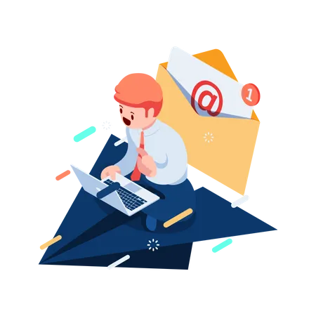 Geschäftsmann sitzt auf Papierfliegern und benutzt Laptop mit E-Mail  Illustration