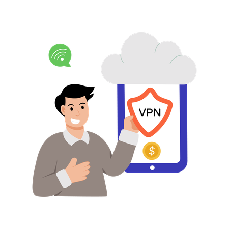 Geschäftsmann sorgt für Cloud-VPN-Sicherheit  Illustration