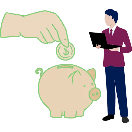 Geschäftsmann spart Geld im Sparschwein  Illustration