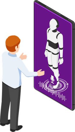 Geschäftsmann spricht mit KI-Roboter im Smartphone  Illustration
