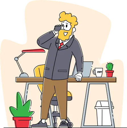 Geschäftsmann spricht per Smartphone im Büro mit Schreibtisch  Illustration