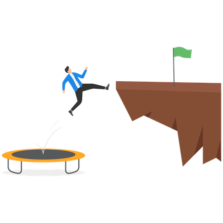 Geschäftsmann springt und verlässt eine schwierige Situation und überwindet Schwierigkeiten  Illustration