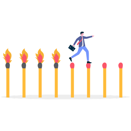 Geschäftsmann springt auf Streichhölzern  Illustration