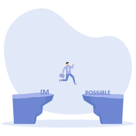 Geschäftsmann springt über großen Kopf und zerlegt das Unmögliche in ein mögliches Konzept  Illustration