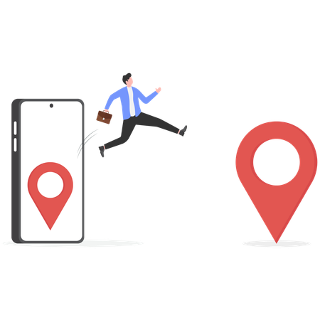 Geschäftsmann springt vom Handy, während er online eine Bestellung verfolgt  Illustration