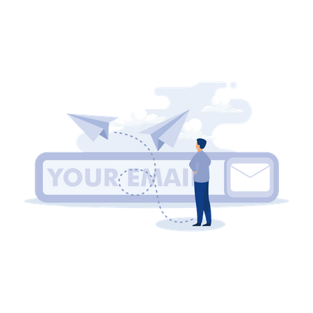 Geschäftsmann startet Origami-Papierflugzeug auf E-Mail-Abonnementformular auf Website Illustration