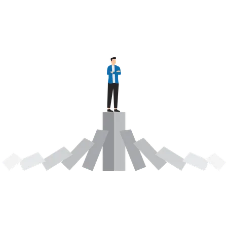 Geschäftsmann steht auf starkem Balkendiagramm, unberührt vom Dominoeffekt  Illustration