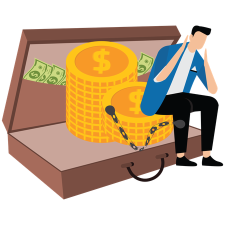 Geschäftsmann steht mit seinen Händen an einer großen Tasche voller Goldmünzen gefesselt  Illustration