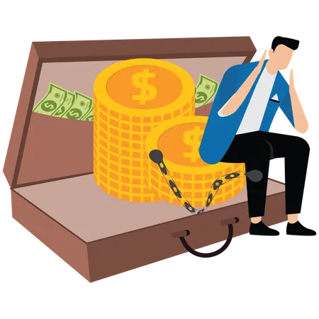 Geschäftsmann steht mit seinen Händen an einer großen Tasche voller Goldmünzen gefesselt  Illustration