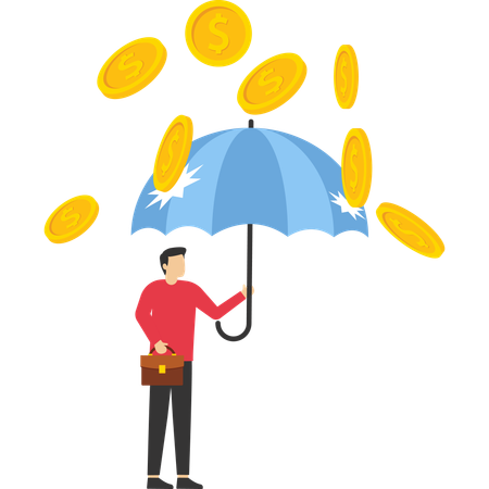 Geschäftsmann, stehend mit Regenschirm unter Regen-Dollar-Münzen  Illustration