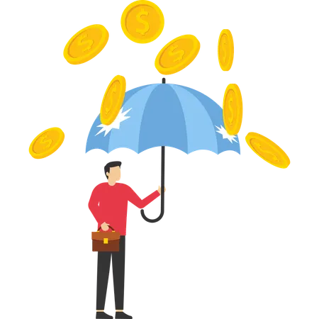 Geschäftsmann, stehend mit Regenschirm unter Regen-Dollar-Münzen  Illustration