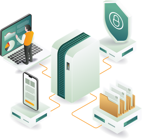 Geschäftsmann steht neben dem Computer und konzentriert sich auf die Sicherheit des Datenanalyseservers  Illustration