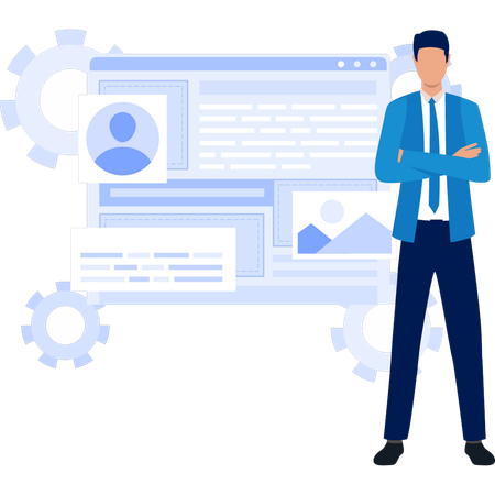 Geschäftsmann steht in der Nähe der Webseitenentwicklung  Illustration