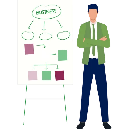 Geschäftsmann steht und zeigt Geschäftsdiagramm  Illustration