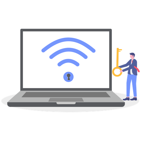 Geschäftsmann stellt WLAN-Verbindung mit Computer sicher  Illustration
