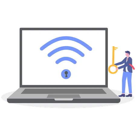 Geschäftsmann stellt WLAN-Verbindung mit Computer sicher  Illustration
