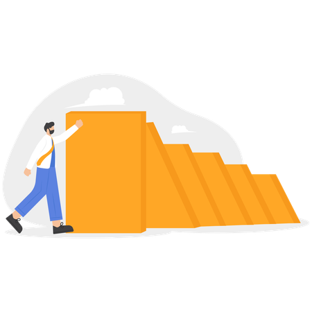 Geschäftsmann stoppt Dominoeffekt  Illustration