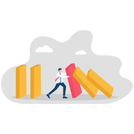 Geschäftsmann stoppt Dominoeffekt  Illustration