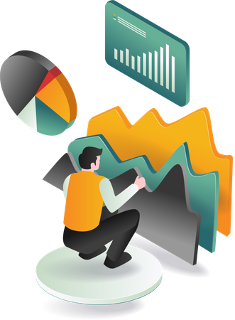 Geschäftsmann studiert Finanzdaten, die durch Diagramme und Graphen dargestellt werden  Illustration