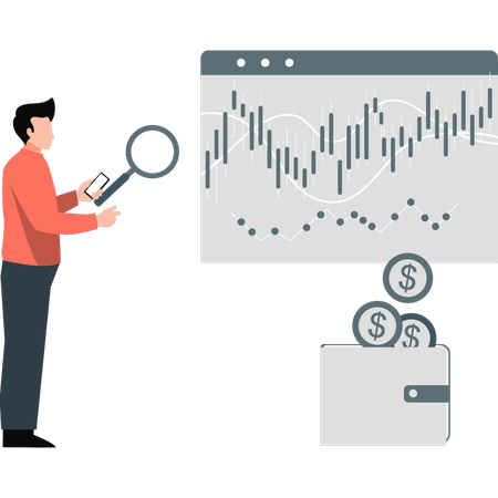 Geschäftsmann durchsucht Analysediagramm auf Webseite  Illustration