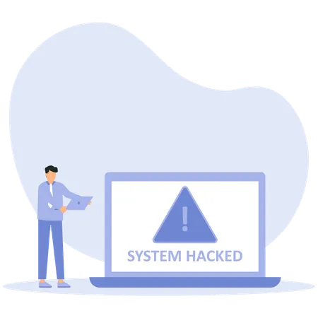 Geschäftsmann sucht Benachrichtigung über gehacktes System  Illustration