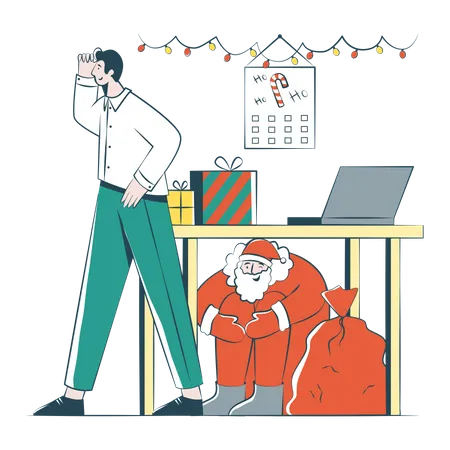 Geschäftsmann auf der Suche nach Santa im Büro  Illustration