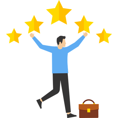Geschäftsmann-Superheld bringt großes Gold-Kunden-Feedback mit 5-Sterne-Bewertung  Illustration